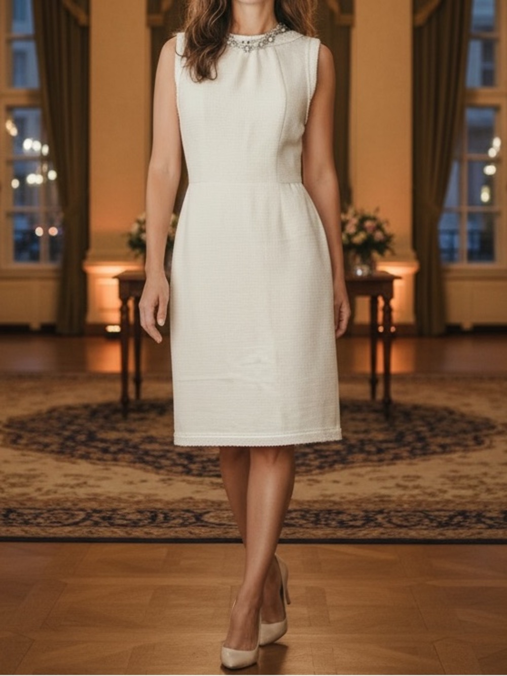 Talbots Elegant  Cream Linen Tweed Sleeveless Sheath Dress